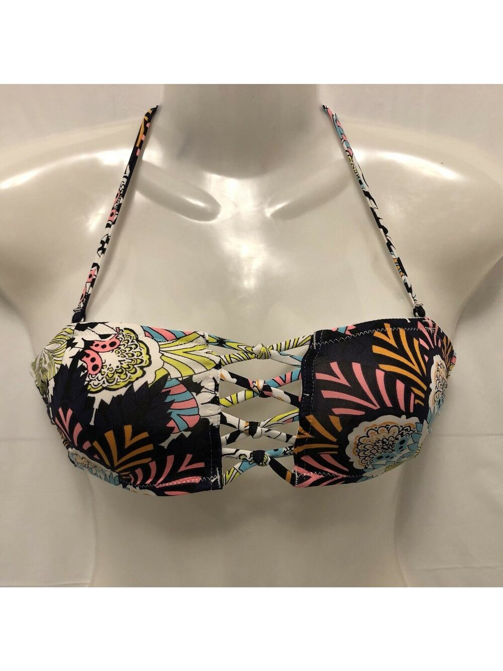 H&M Bikini Top Women Size 4 Blue Floral Design Bandeau Halter Padded String
